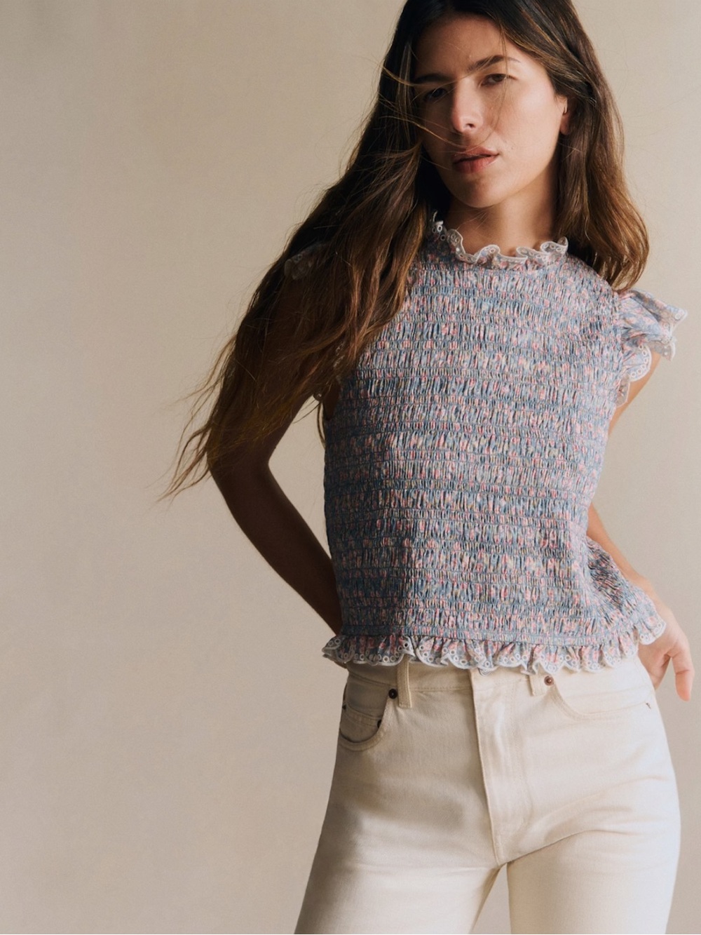 Sezane Liorane Smocked Ruffle Top in Blue-Pink Floral